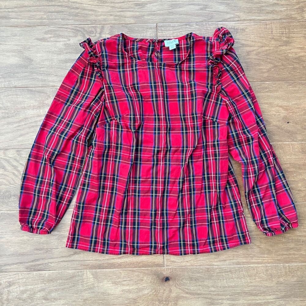 J.Crew Factory Tartan Ruffle-Trim Woven Top Size XS Red/Black